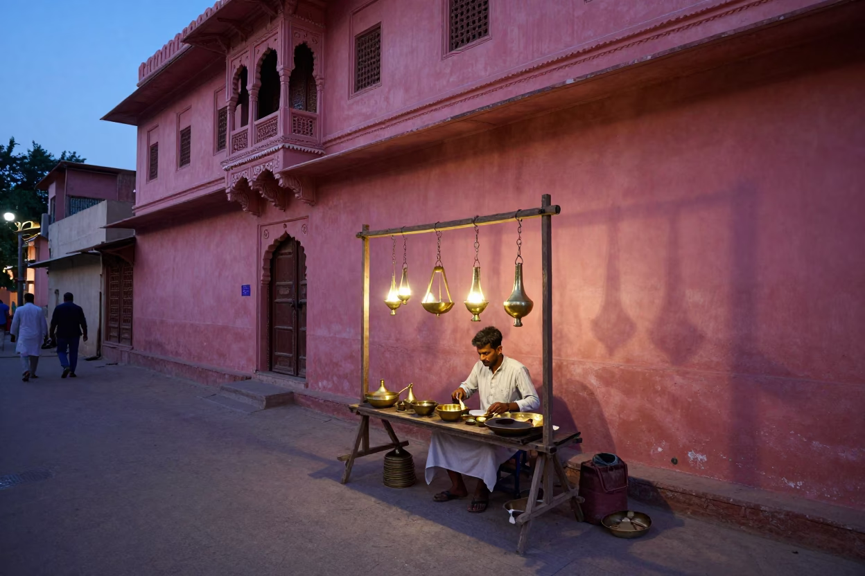 Twilight Street Scene in Jaipur India with Brass Artisans and Traditional Pottery in in Jaipur, India