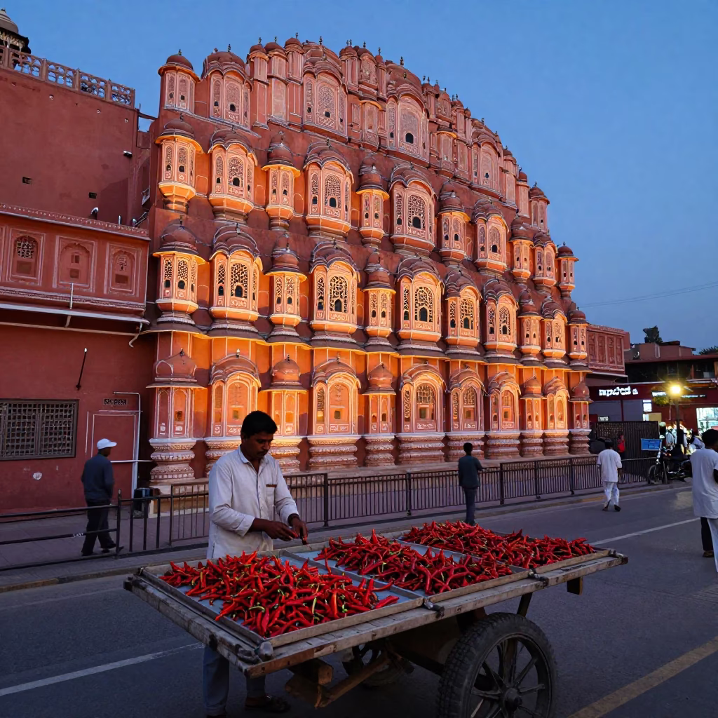 Twilight Street Scene in Jaipur India with Chili Peppers and Traditional Architecture in in Jaipur, India
