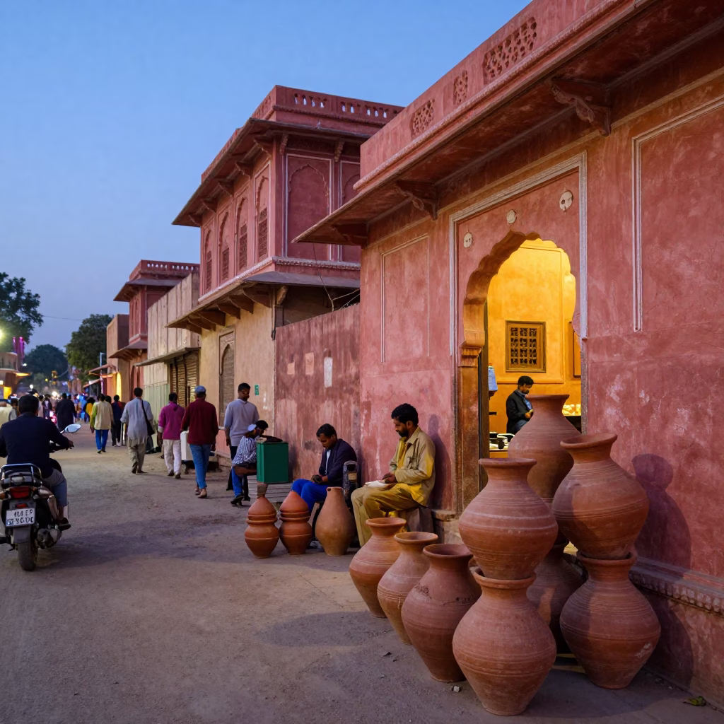 Twilight street scene in Jaipur India with clay pots and bustling market activity in in Jaipur, India