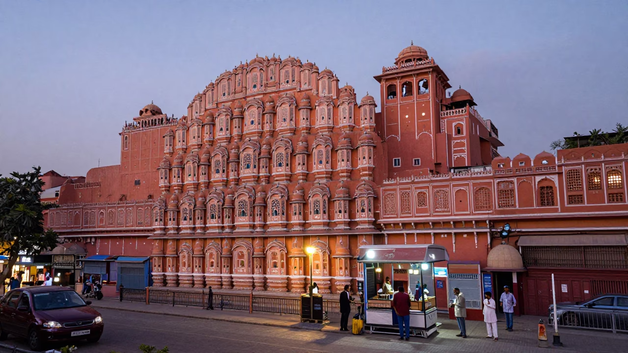 Twilight Street Scene in Jaipur India with Colorful Facades and Local Vendors in in Jaipur, India