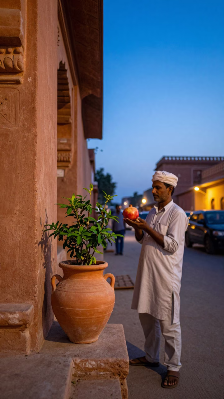 Twilight Street Scene in Jaipur India with Flowerpot and Pomegranate in in Jaipur, India