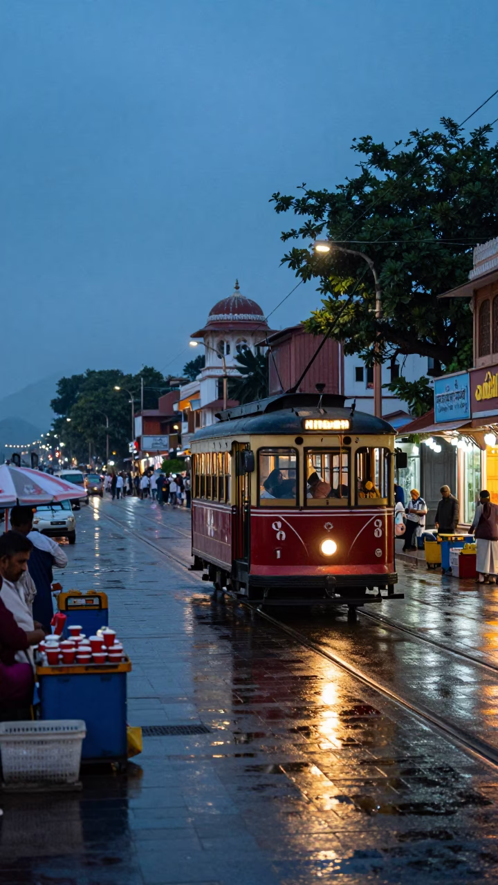 Twilight street scene in Jaipur India with heritage tram and local vendors in in Jaipur, India