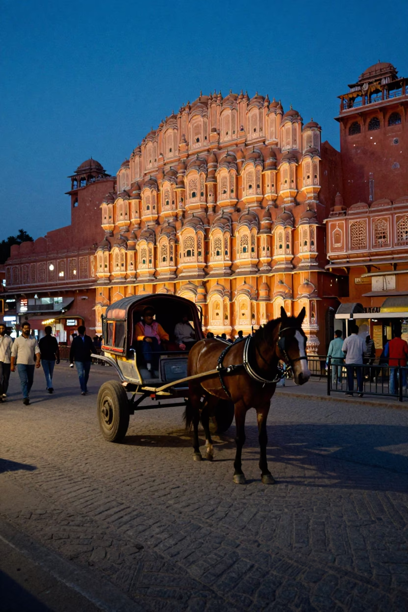 Twilight Street Scene in Jaipur India with Horse Drawn Cart and Pink City Architecture in in Jaipur, India