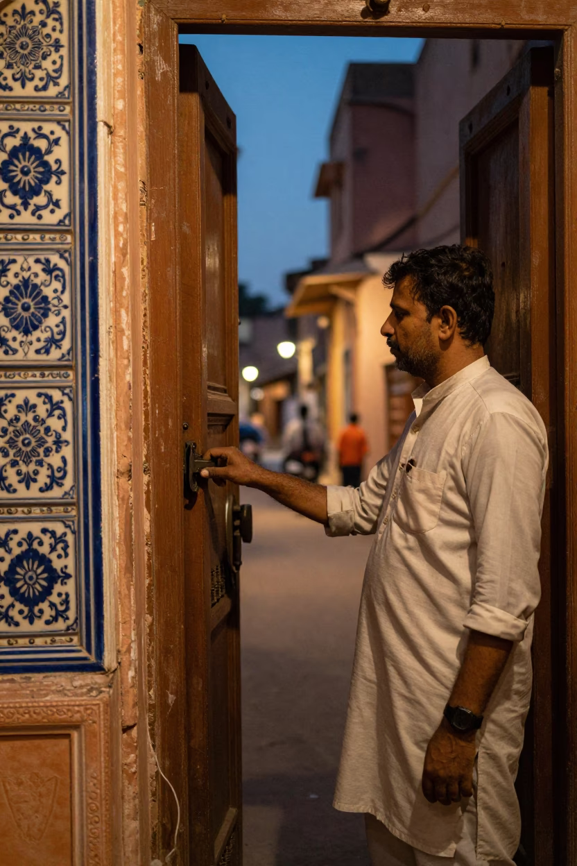 Twilight Street Scene in Jaipur India with Iron Deadbolt and Ceramic Mugs in in Jaipur, India