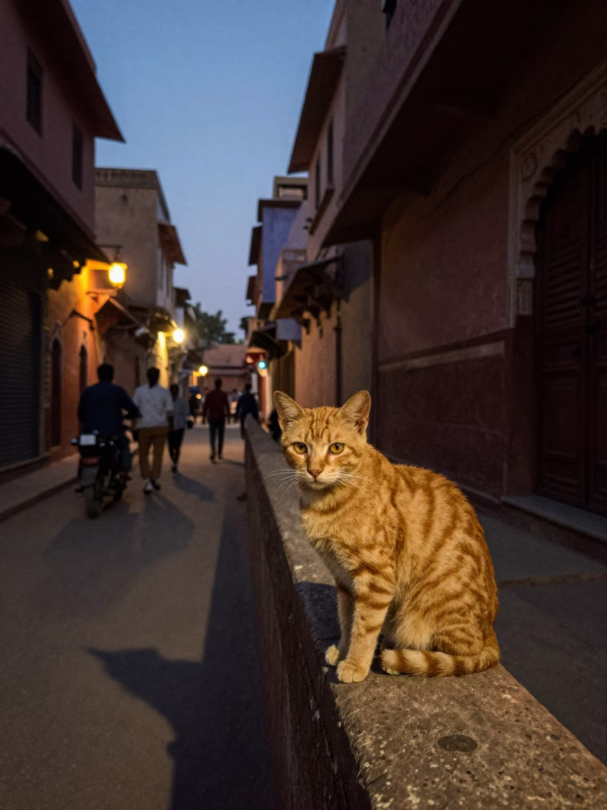 Twilight Street Scene in Jaipur India with Lantern and Orange Cat in in Jaipur, India