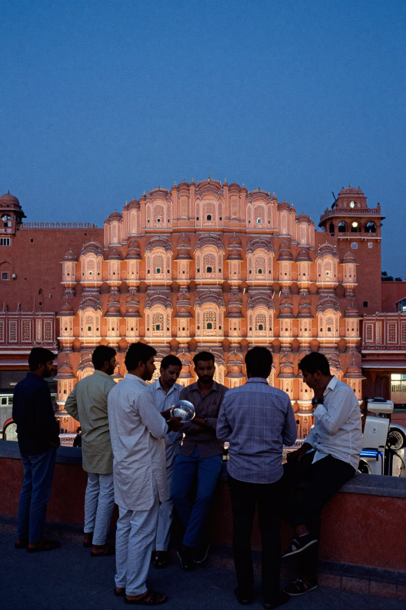Twilight street scene in Jaipur India with locals gathering near traditional architecture in in Jaipur, India