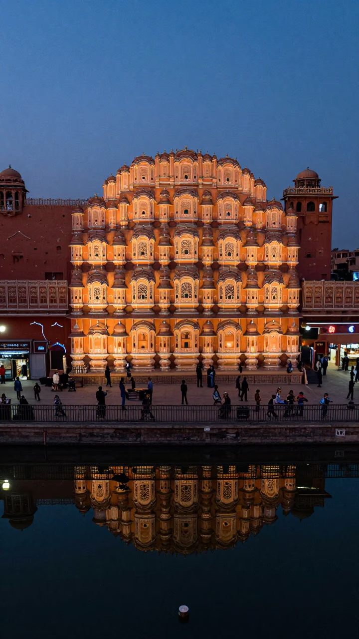 Twilight Street Scene in Jaipur India with Lotus Pond and Tailor Shears in in Jaipur, India