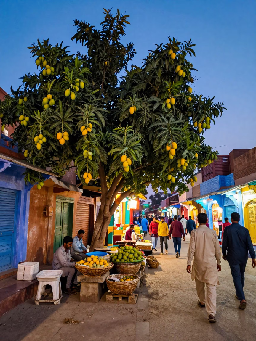 Twilight Street Scene in Jaipur India with Mango Tree and Colorful Bazaar Activity in in Jaipur, India