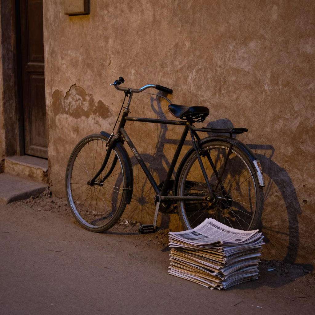 Twilight Street Scene in Jaipur India with Newspaper Stack and Bicycle in in Jaipur, India