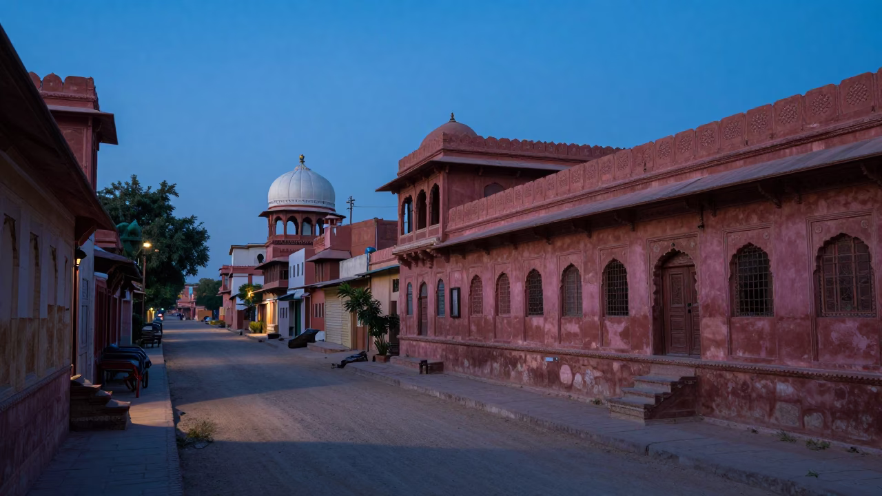 Twilight Street Scene in Jaipur India with Observatory Dome and Evening Fog in in Jaipur, India