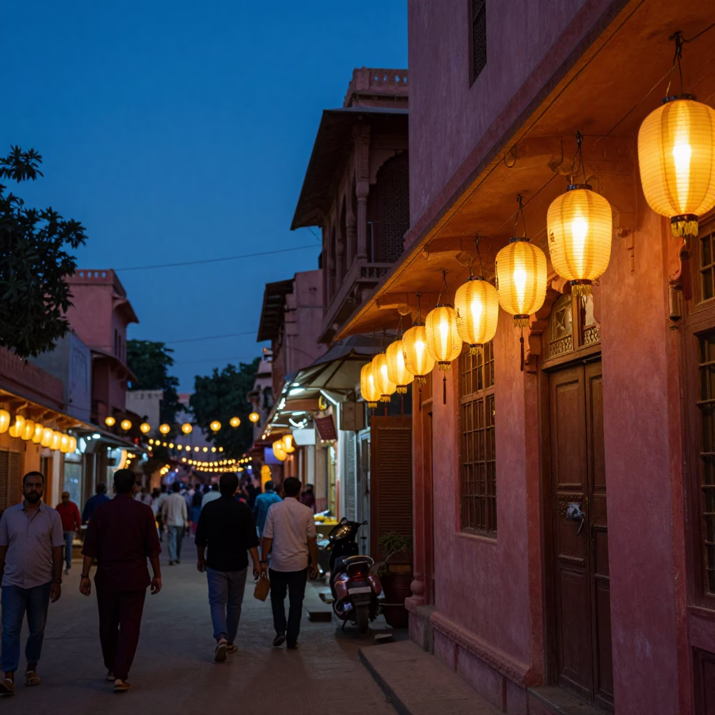 Twilight Street Scene in Jaipur India with Paper Lanterns and Local Commerce in in Jaipur, India