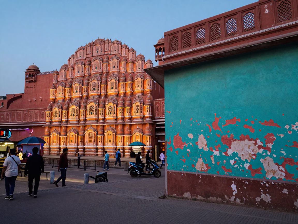 Twilight Street Scene in Jaipur India with Peeling Turquoise Paint and Bread Loaves in in Jaipur, India