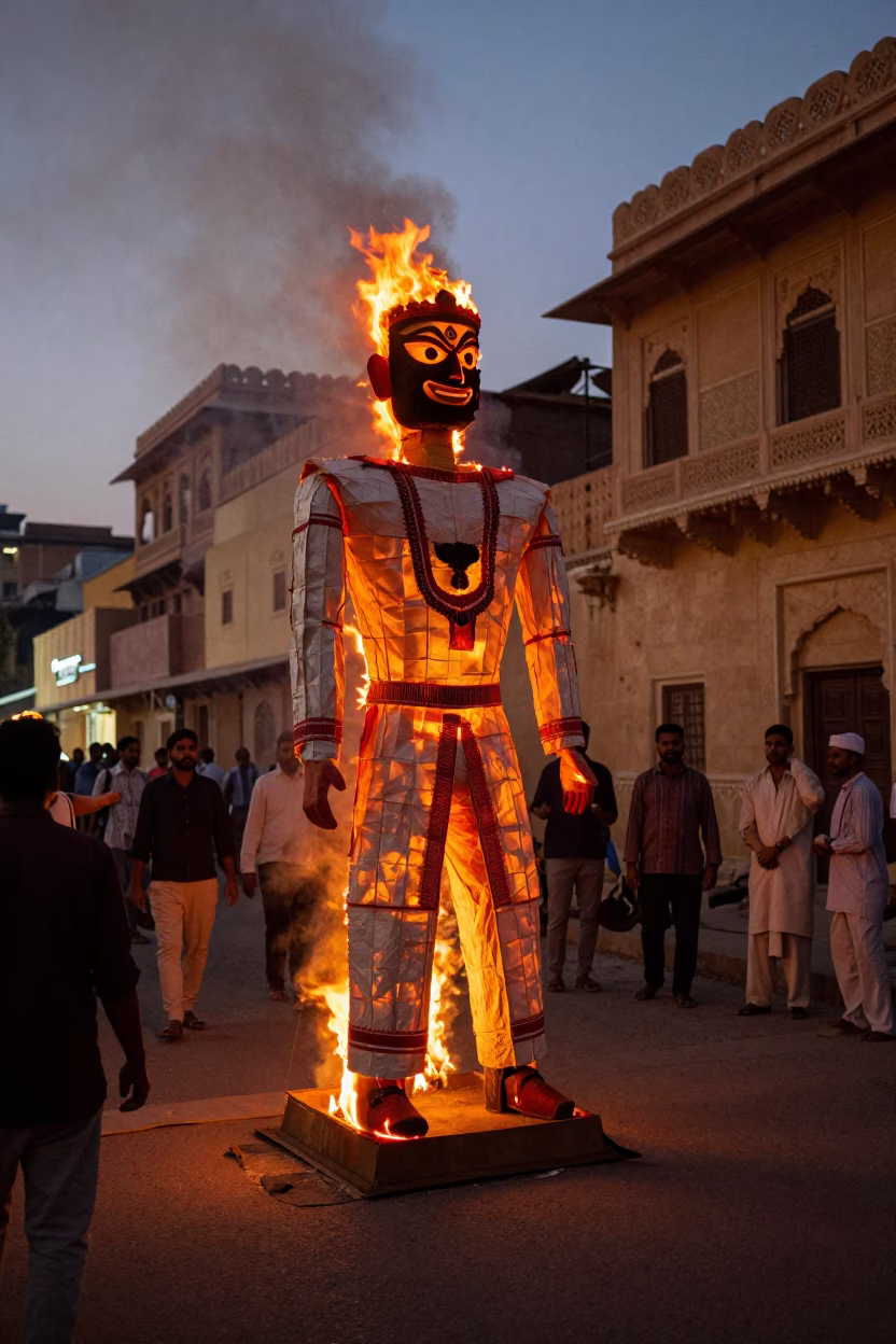 Twilight Street Scene in Jaipur India with Ravana Effigy Burning in in Jaipur, India