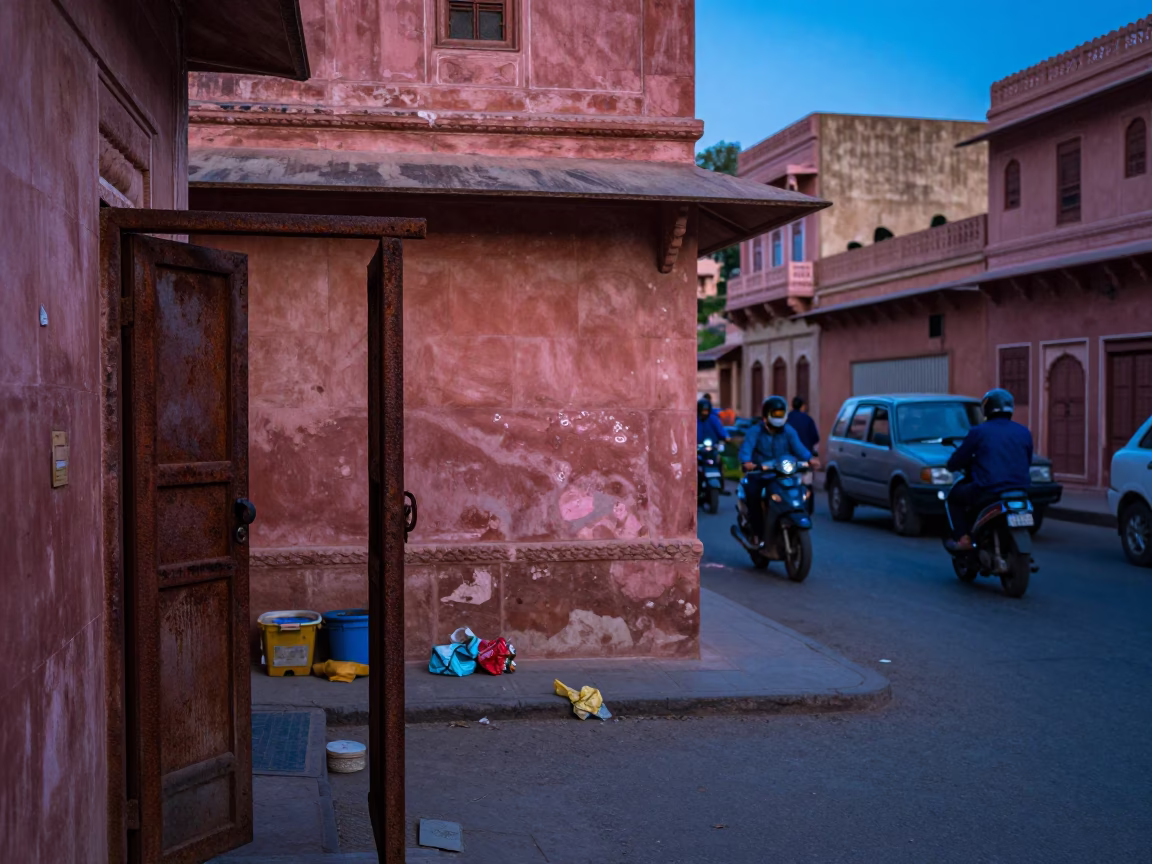Twilight Street Scene in Jaipur India with Rusty Doorframe and Scattered Items in in Jaipur, India