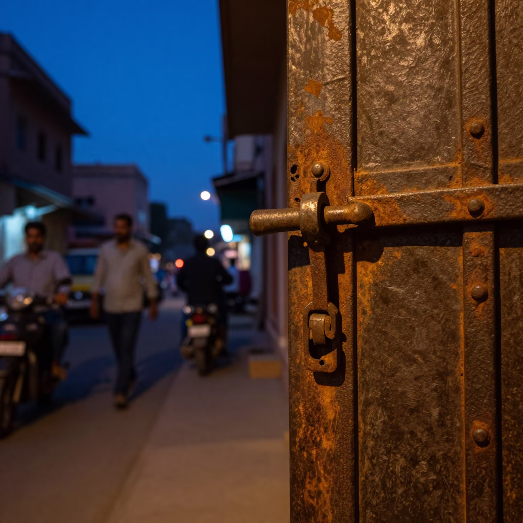 Twilight Street Scene in Jaipur India with Rusty Metal Latch and Garden Benches in in Jaipur, India