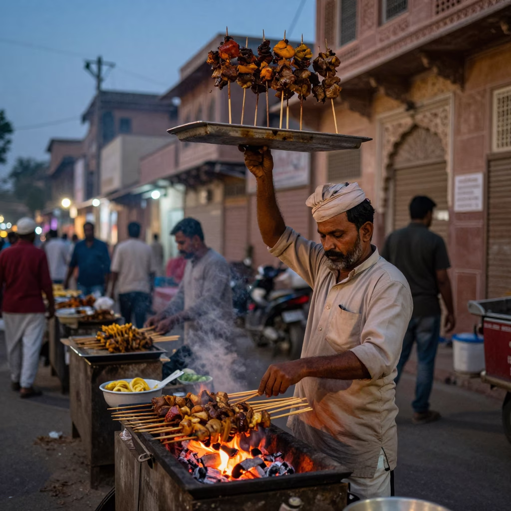 Twilight street scene in Jaipur India with sate skewers and local vendors in in Jaipur, India