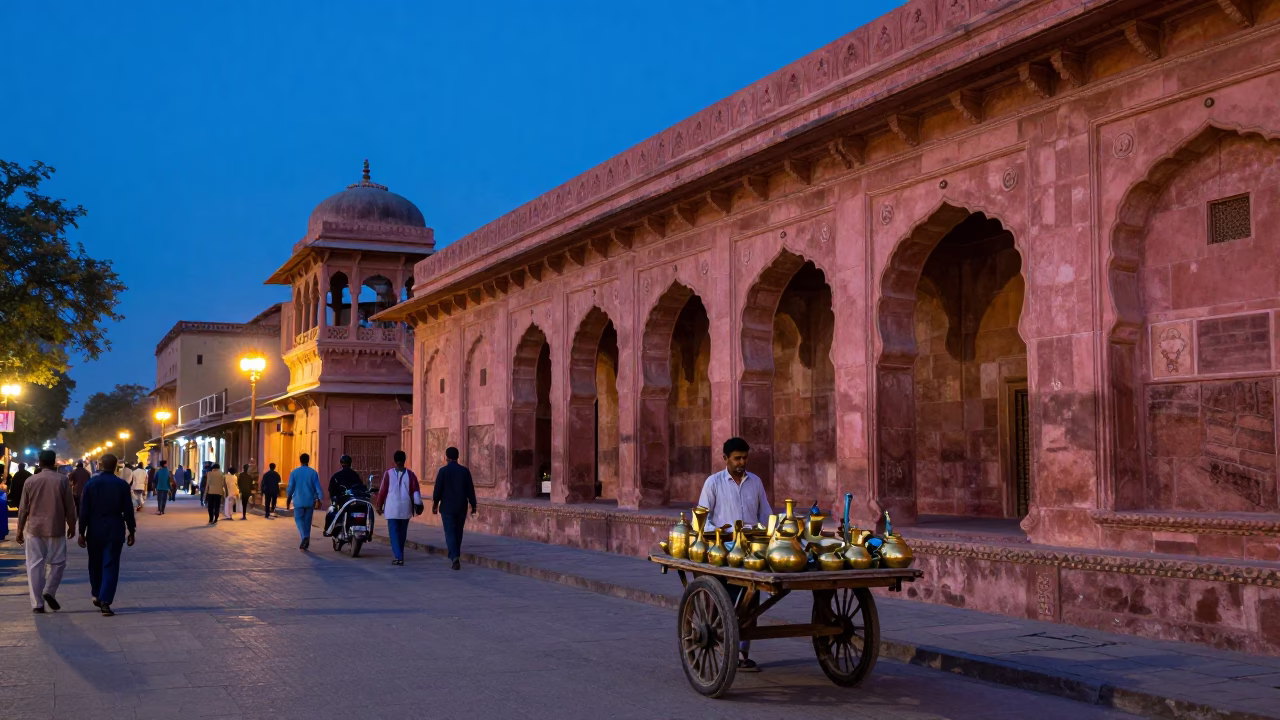 Twilight Street Scene in Jaipur India with Stone Architecture and Local Life in in Jaipur, India