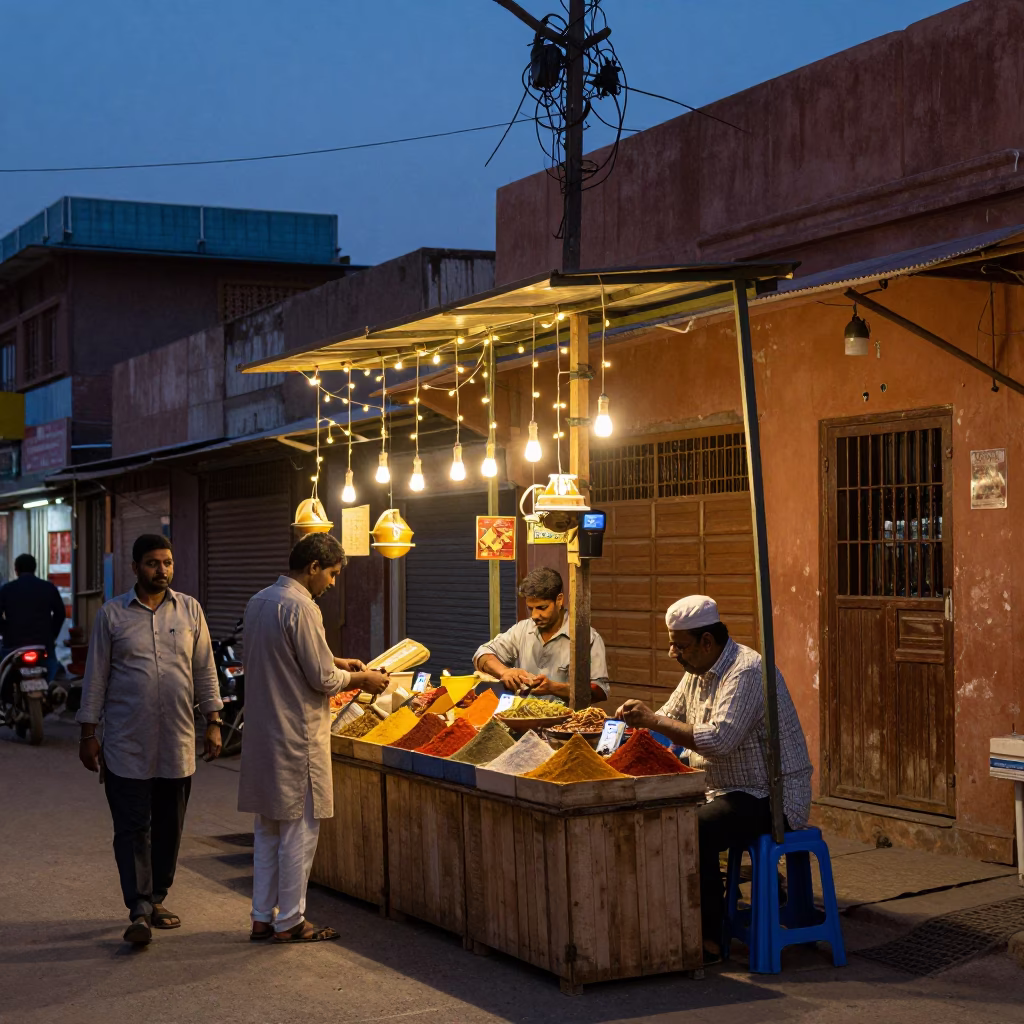 Twilight Street Scene in Jaipur India with String Lights and Local Market Activity in in Jaipur, India