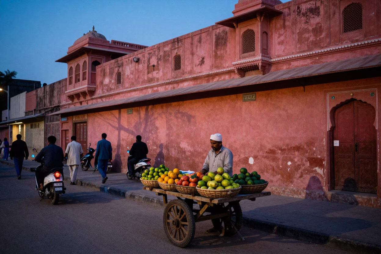 Twilight Street Scene in Jaipur India with Vendor Selling Fruit and Busy Traffic in in Jaipur, India