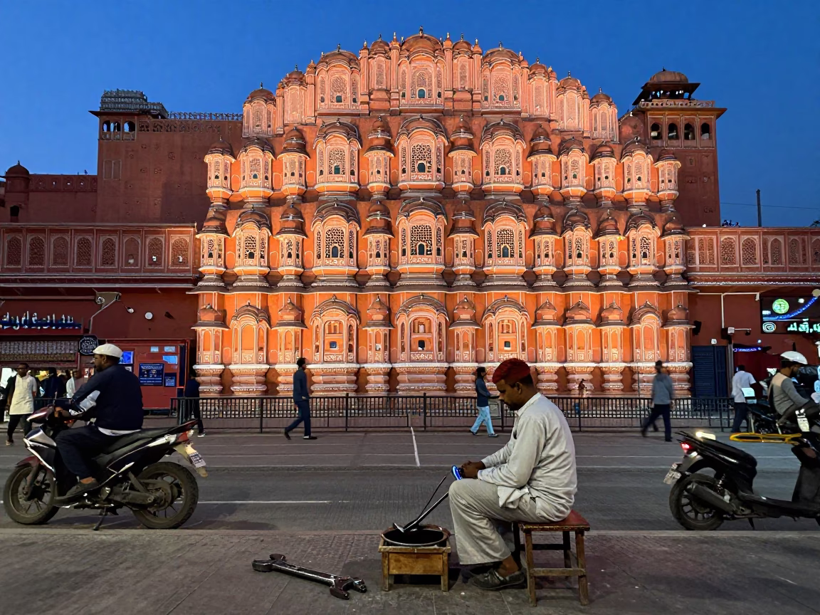 Twilight Street Scene in Jaipur India with Vintage Wrench and Local Artisans in in Jaipur, India