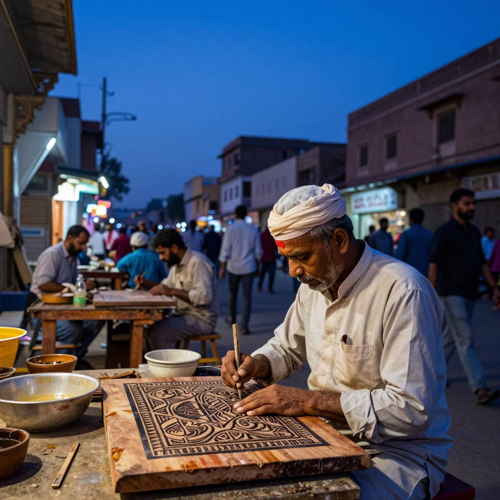 Twilight Street Scene in Jaipur India with Woodblock Printmaker Carving Plate in in Jaipur, India
