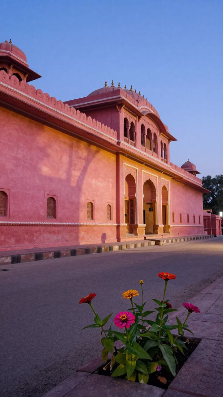 Twilight Street Scene in Jaipur India with Zinnias and Architectural Details in in Jaipur, India