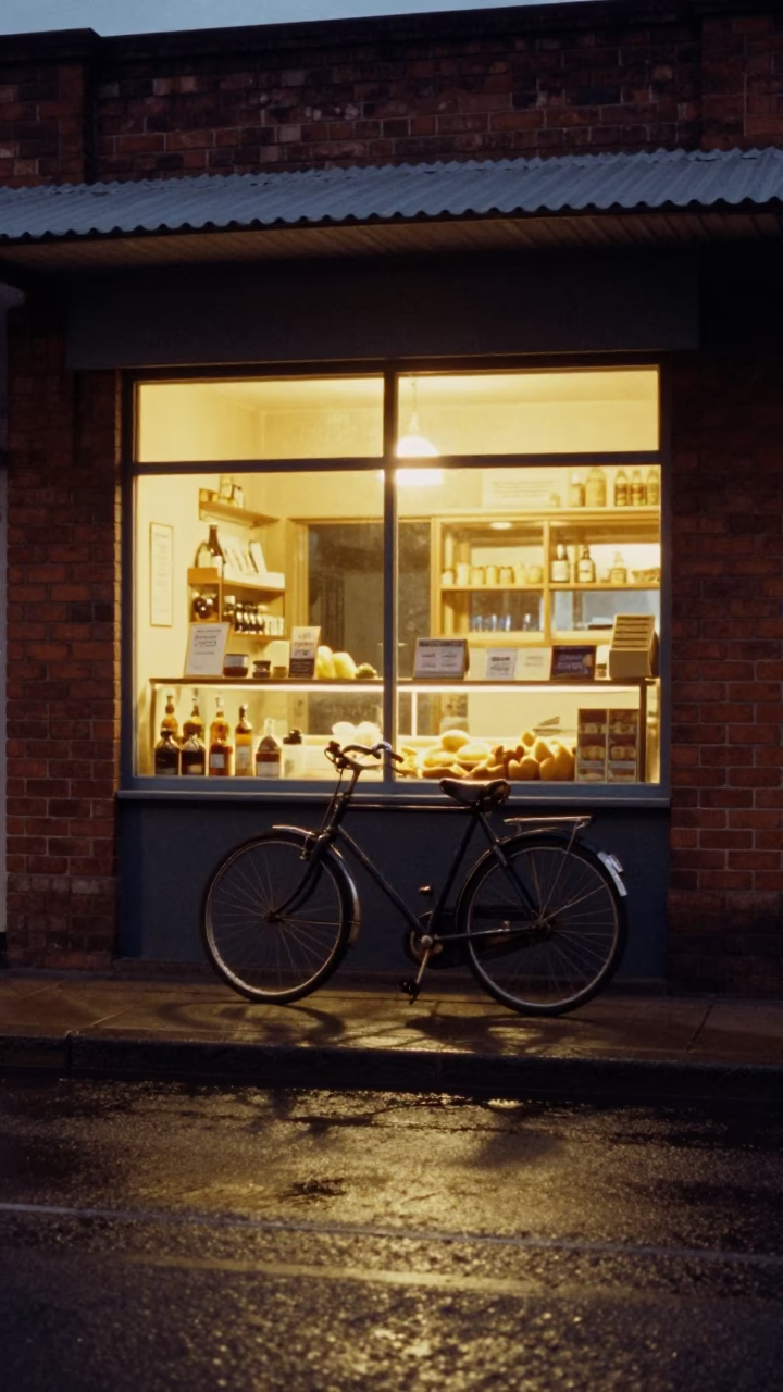 Twilight Street Scene in Johannesburg South Africa with Bicycle and Bakery in in Johannesburg, South Africa
