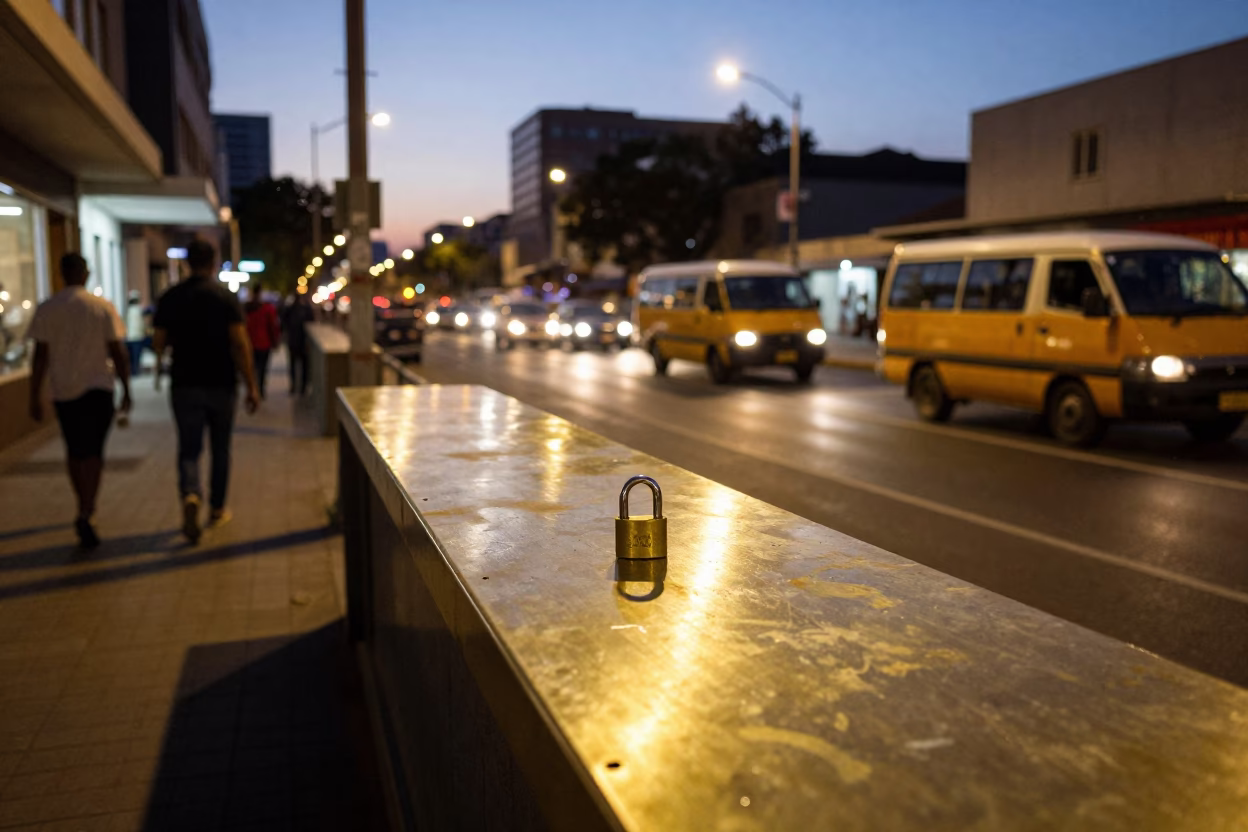 Twilight Street Scene in Johannesburg South Africa with Brass Countertop and Padlock in in Johannesburg, South Africa