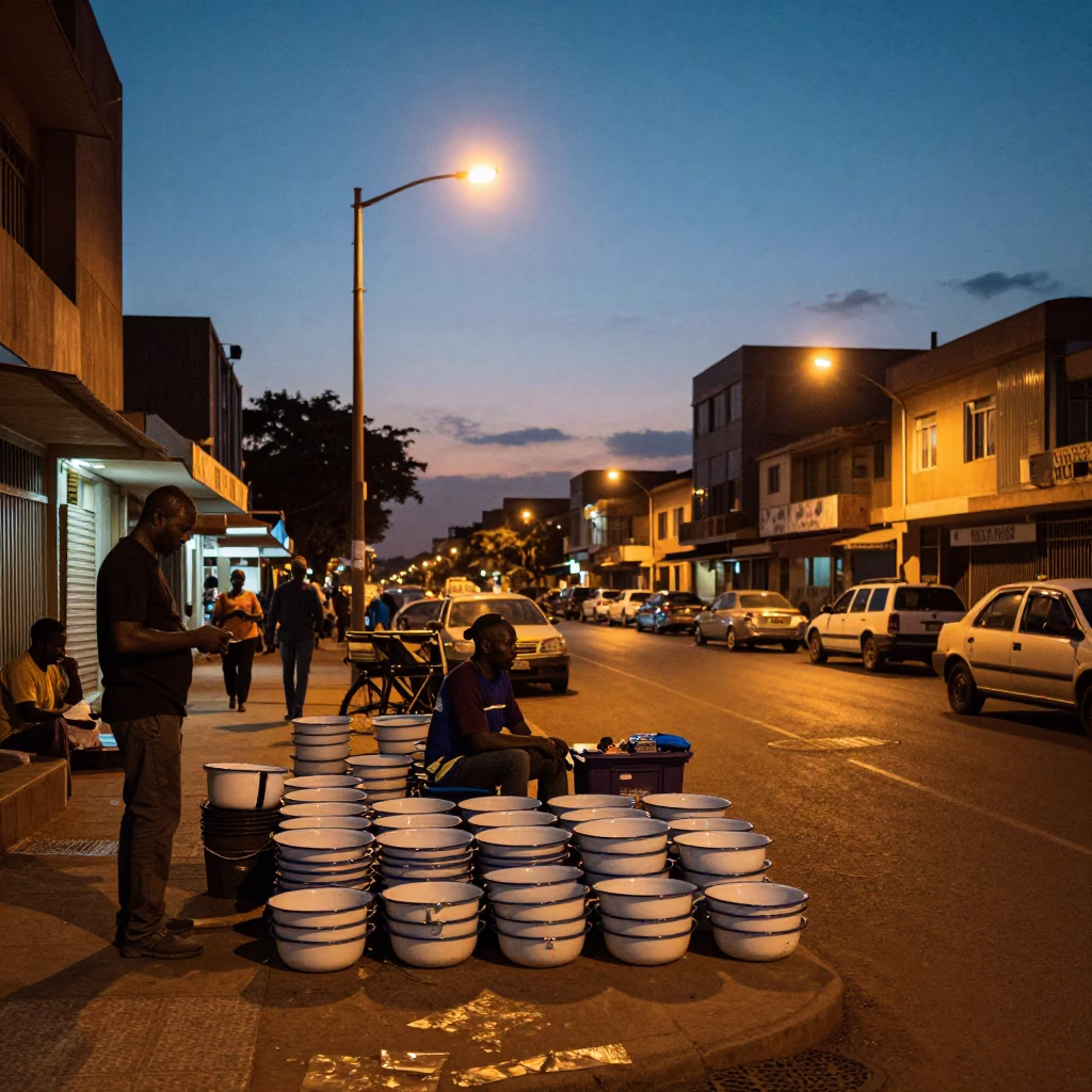 Twilight Street Scene in Johannesburg South Africa with Enamel Bowls and Local Life in in Johannesburg, South Africa