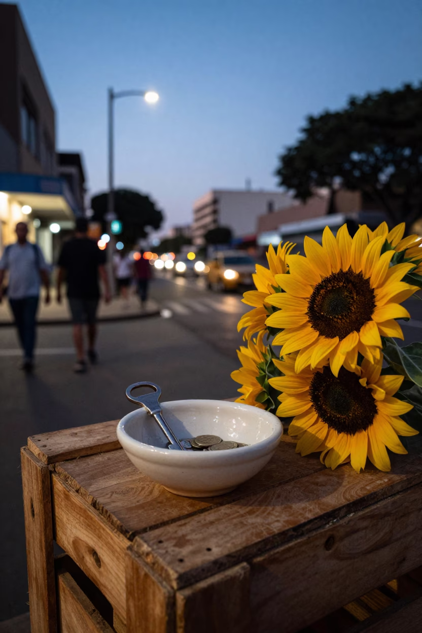 Twilight Street Scene in Johannesburg South Africa with Key Bowl and Sunflowers in in Johannesburg, South Africa
