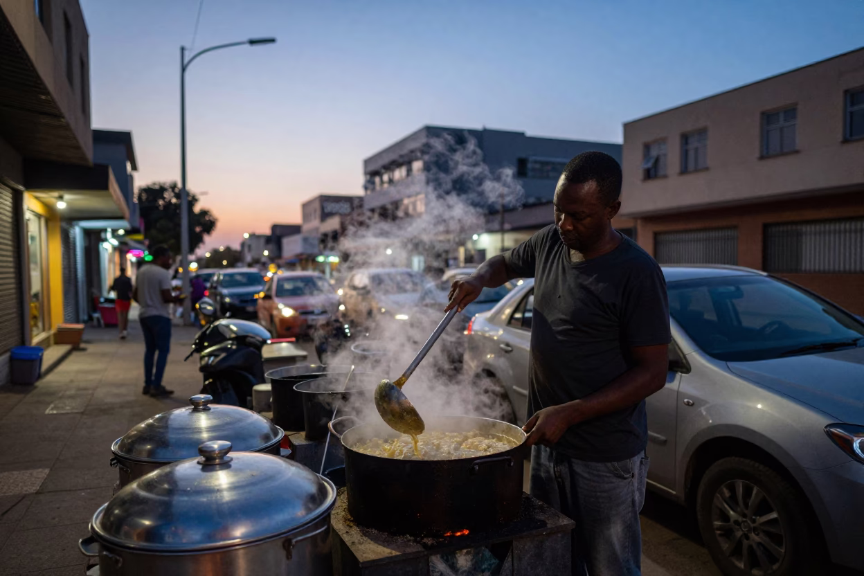 Twilight Street Scene in Johannesburg South Africa with Ladle and Pot Lid in in Johannesburg, South Africa