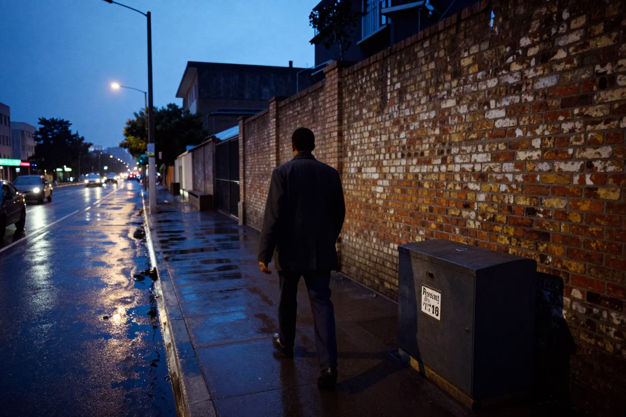 Twilight street scene in Johannesburg South Africa with lockbox and wet pavement in in Johannesburg, South Africa
