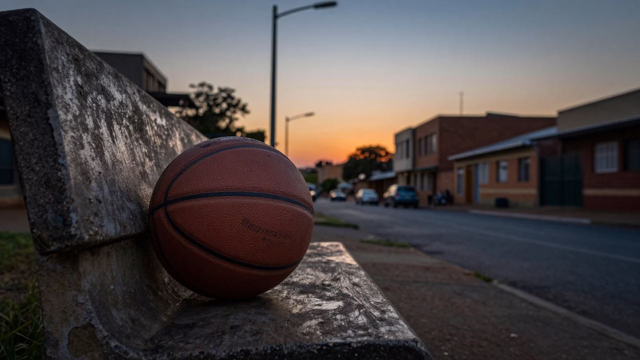 Twilight Street Scene in Johannesburg South Africa with Old Leather Basketball and Urban Activity in in Johannesburg, South Africa