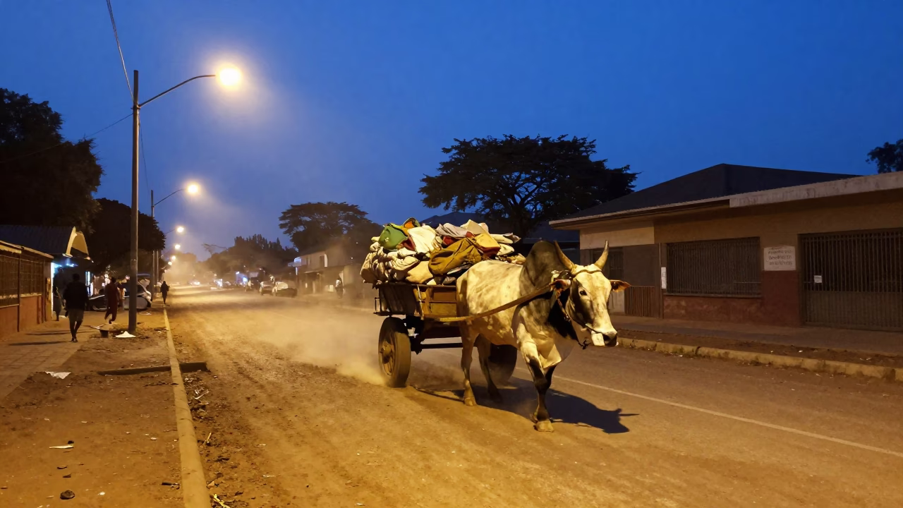 Twilight Street Scene in Johannesburg South Africa with Ox Cart and Dusty Road in in Johannesburg, South Africa