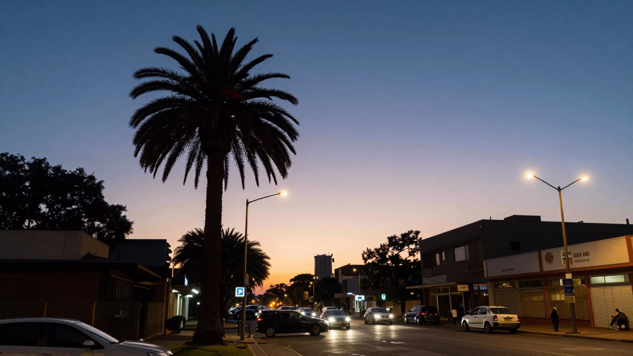 Twilight Street Scene in Johannesburg South Africa with Palm Tree Silhouette and Vintage Car in in Johannesburg, South Africa