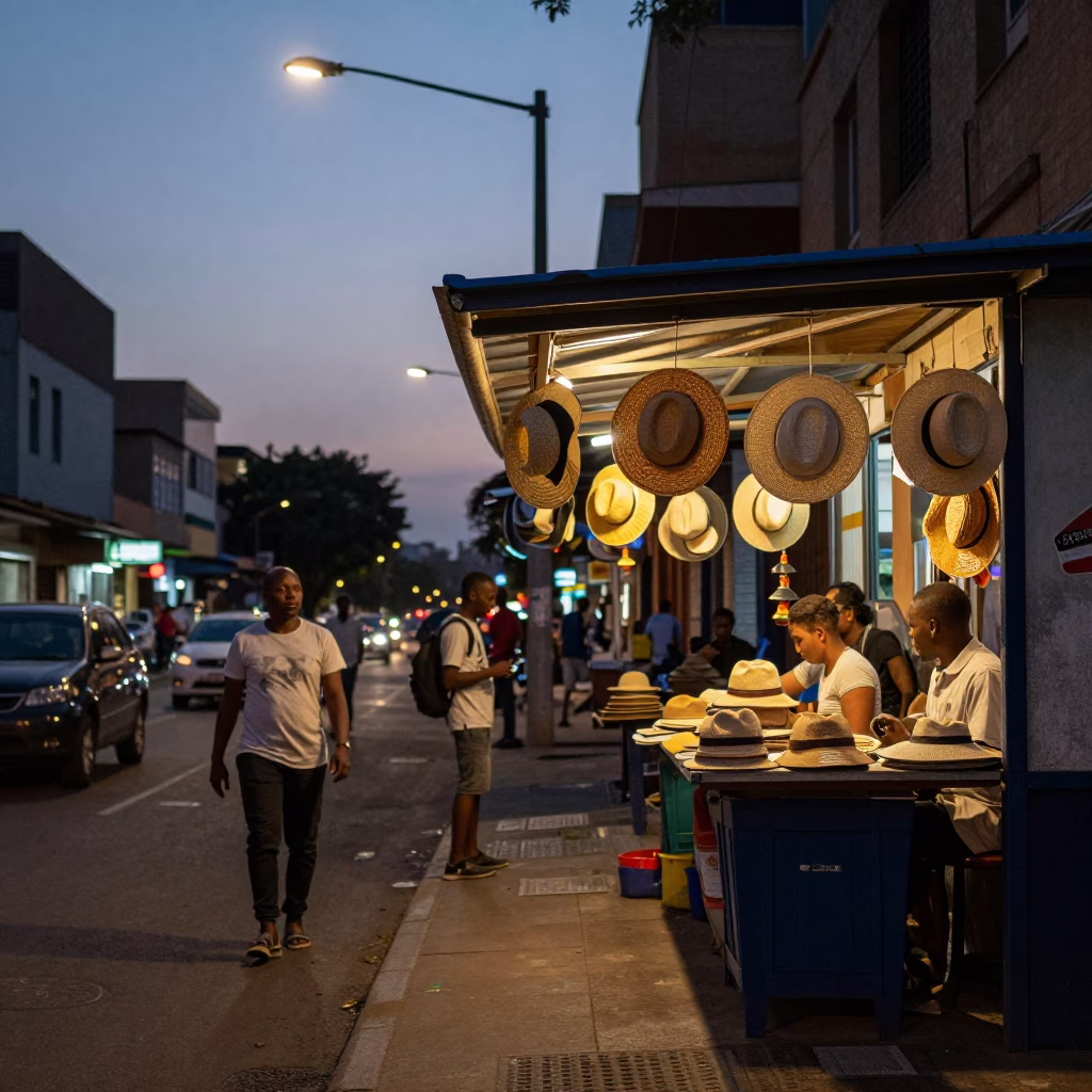 Twilight Street Scene in Johannesburg South Africa with Sun Hats and Linen Fringe in in Johannesburg, South Africa
