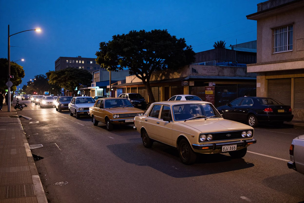 Twilight street scene in Johannesburg South Africa with vintage 1980s cars and pedestrians in in Johannesburg, South Africa