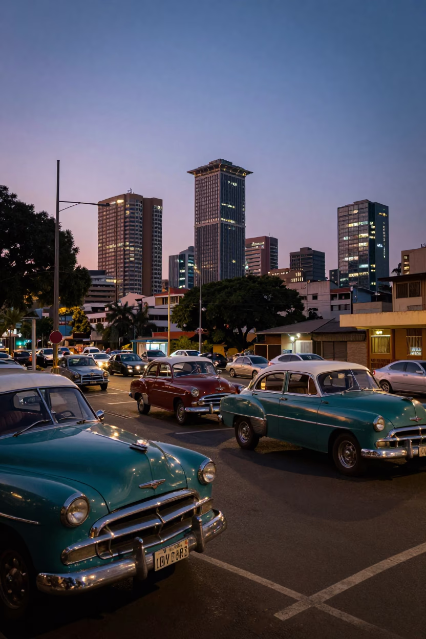 Twilight Street Scene in Johannesburg South Africa with Vintage Cars and City Lights in in Johannesburg, South Africa