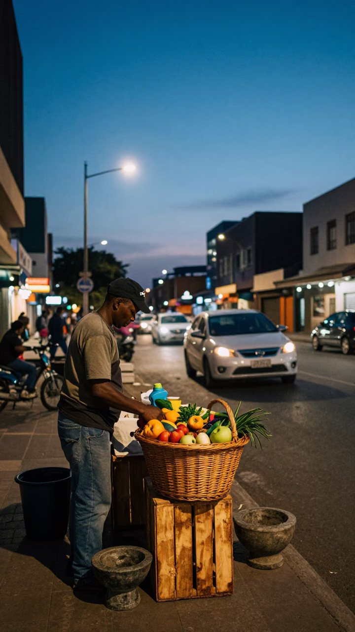 Twilight Street Scene in Johannesburg South Africa with Wicker Basket and Mortar Pestle in in Johannesburg, South Africa