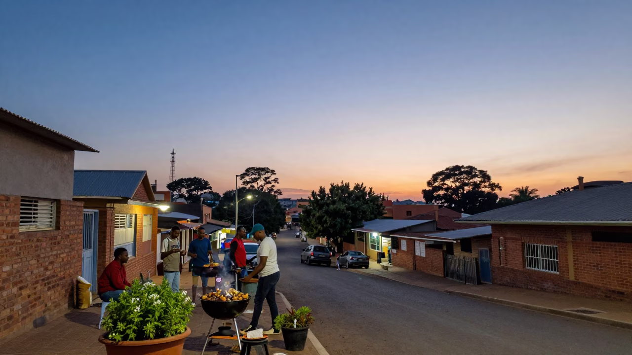 Twilight Street Scene in Johannesburg with Barbecue and Potted Herbs in in Johannesburg, South Africa
