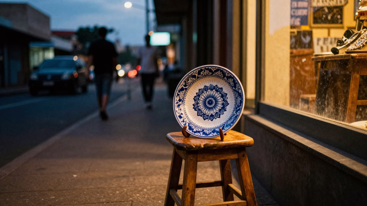 Twilight street scene in Johannesburg with vintage majolica plate and wooden stool in in Johannesburg, South Africa