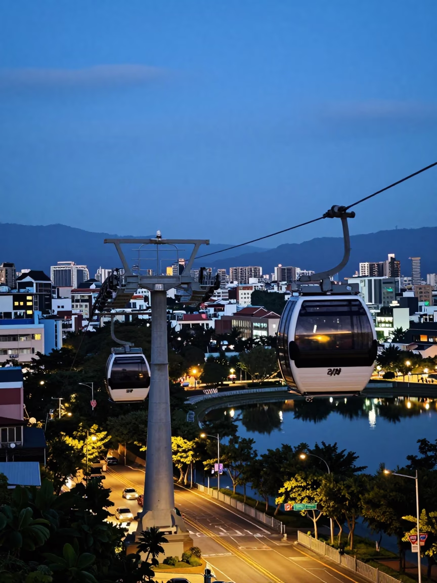 Twilight Street Scene in Kaohsiung Taiwan with Aerial Tramway Gondola and Urban Life in in Kaohsiung, Taiwan