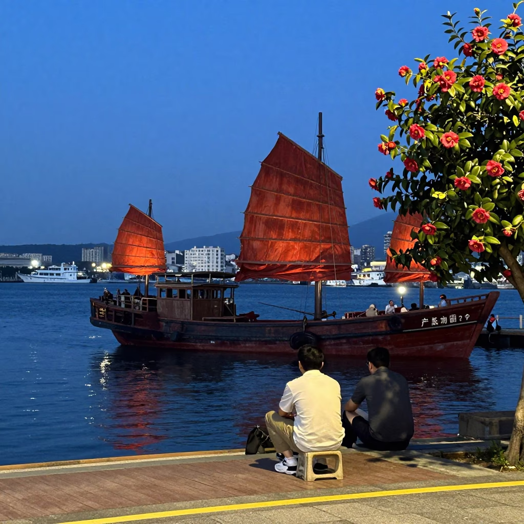 Twilight Street Scene in Kaohsiung Taiwan with Junk Boat and Camellia in in Kaohsiung, Taiwan