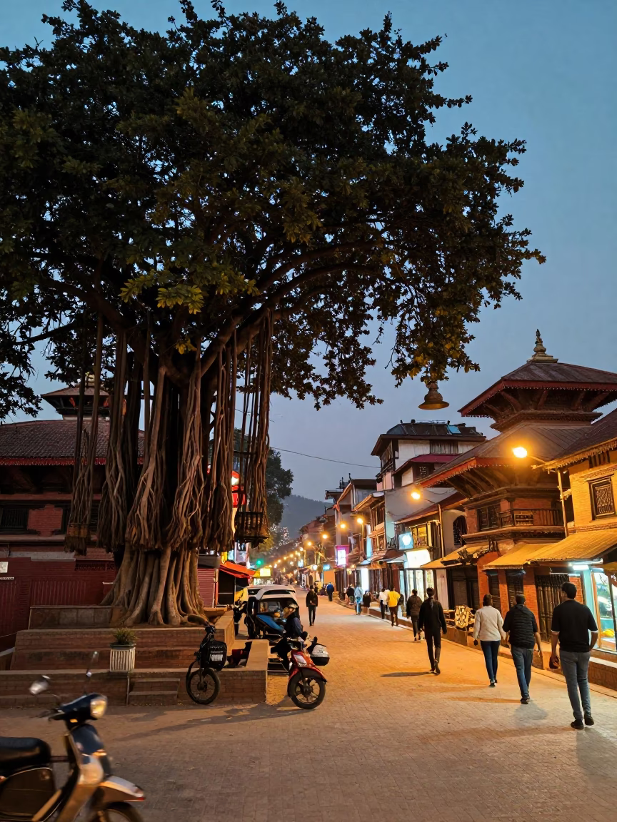 Twilight Street Scene in Kathmandu Nepal with Banyan Tree and Evening Activity in in Kathmandu, Nepal