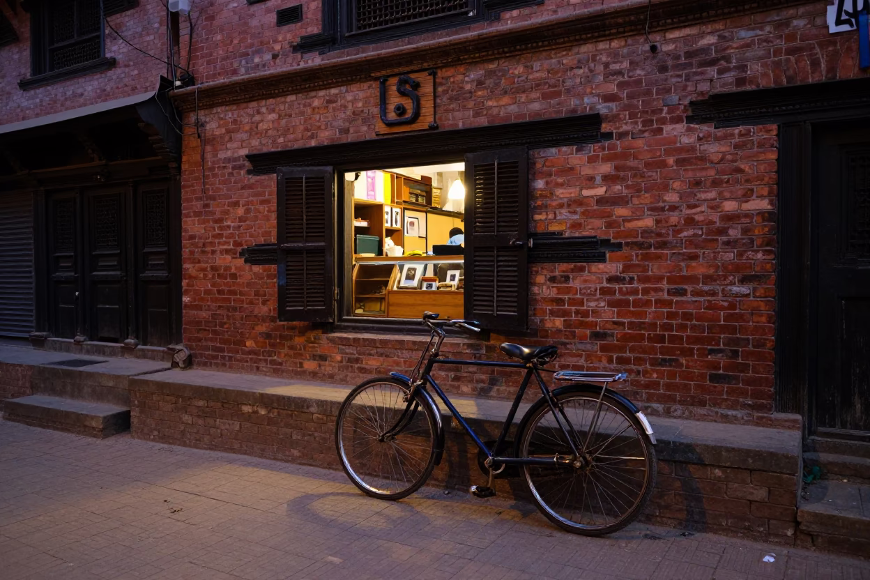 Twilight Street Scene in Kathmandu Nepal with Bicycle and Bakery in in Kathmandu, Nepal