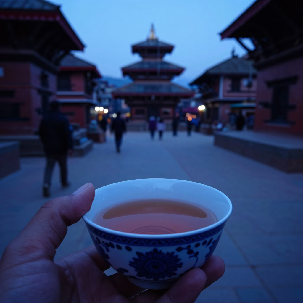 Twilight Street Scene in Kathmandu Nepal with Blue Porcelain Bowl and Smudged Window Glass in in Kathmandu, Nepal