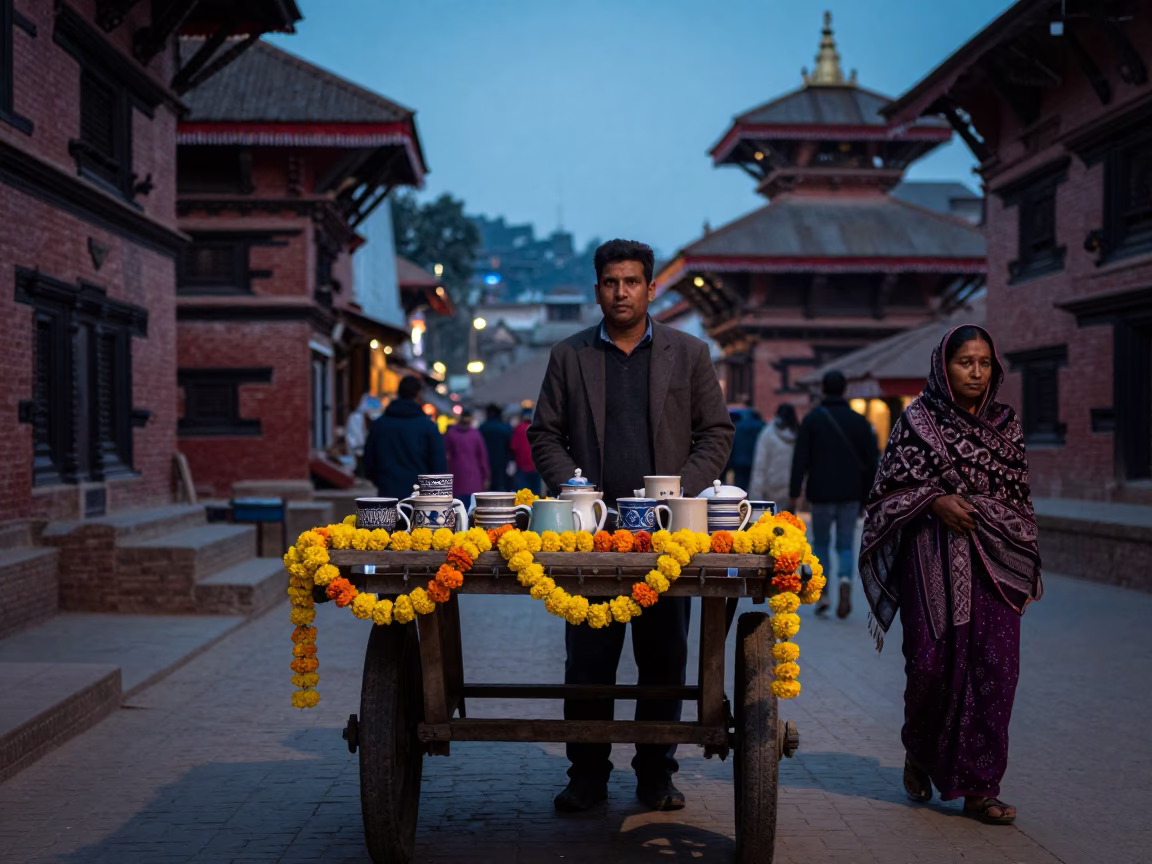 Twilight street scene in Kathmandu Nepal with ceramic mugs and local vendors in in Kathmandu, Nepal