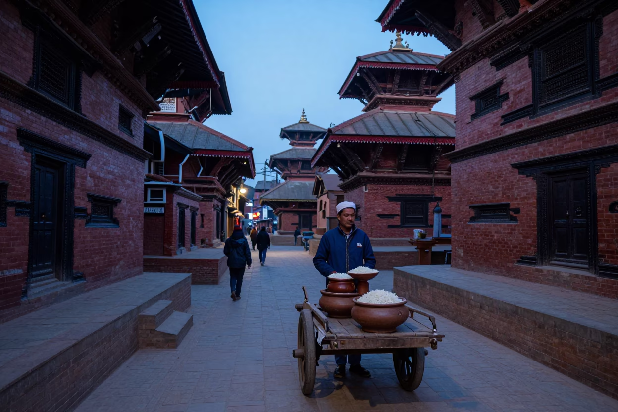 Twilight Street Scene in Kathmandu Nepal with Clay Pot Rice and Glass Jar in in Kathmandu, Nepal