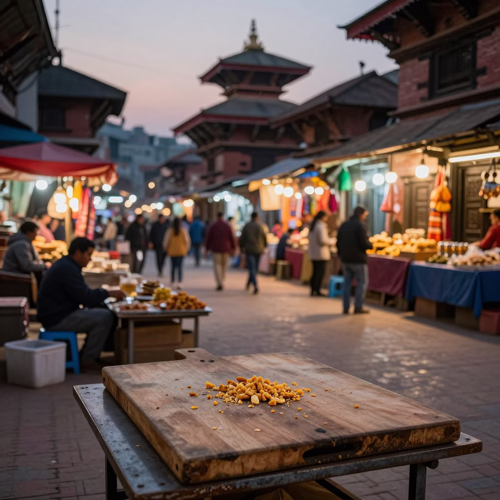 Twilight Street Scene in Kathmandu Nepal with Colorful Market Stalls and Pedestrians in in Kathmandu, Nepal