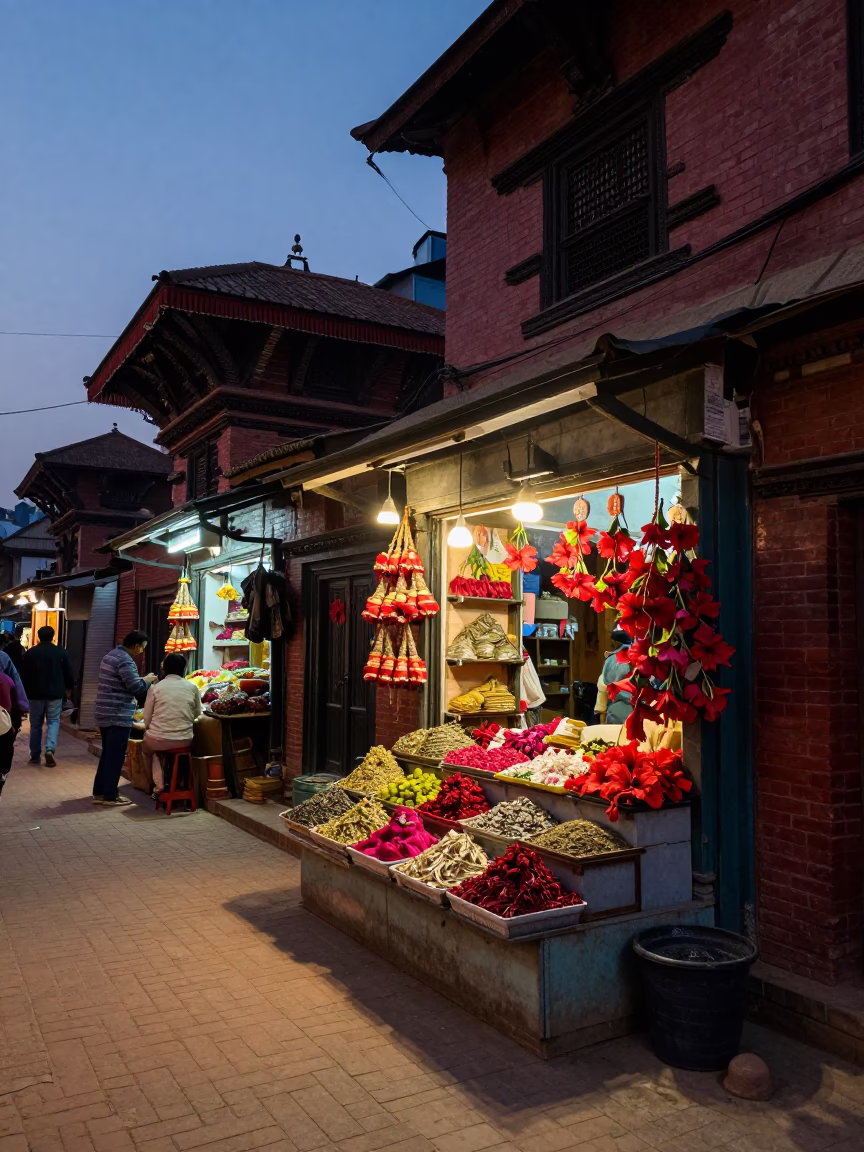 Twilight street scene in Kathmandu Nepal with colorful shop fronts and local commerce in in Kathmandu, Nepal